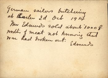 Back of photo: German sailors butchering at Easter Id Oct 1914