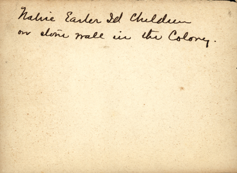 Back of photo: Native Easter Id Children on stone wall in the Colony