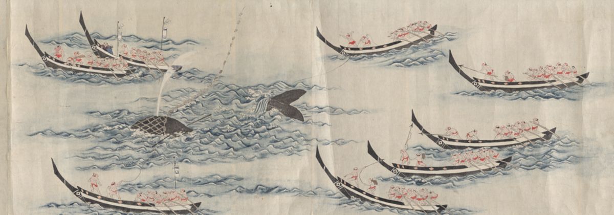 A section of a Japanese whaling scroll depicting 8 boats capturing a whale.